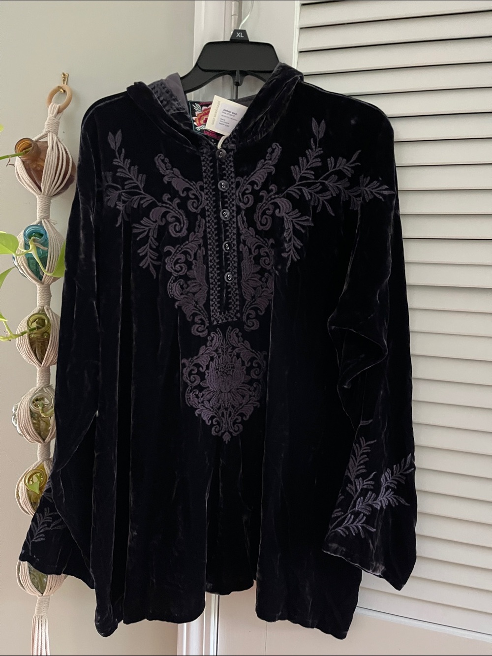 Johnny Was Purple Velvet Hooded Embroidered Pullover